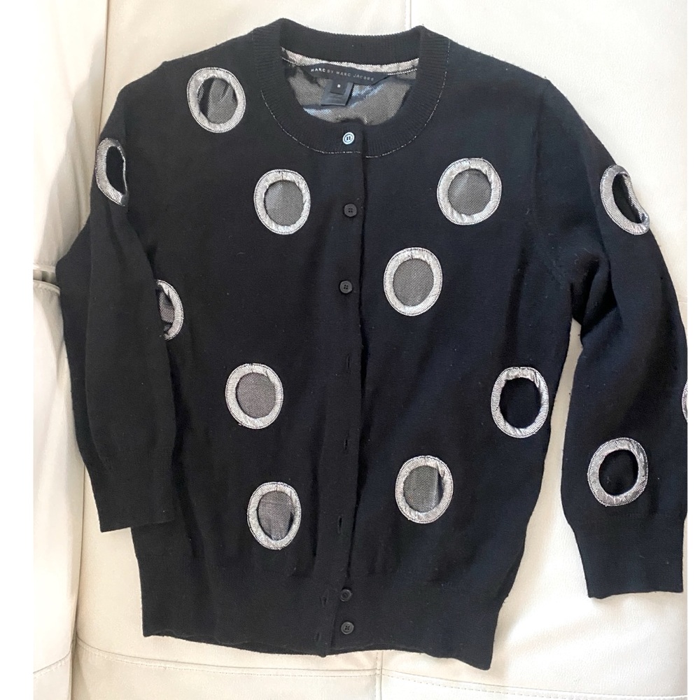 Marc By Marc Jacobs Black and Metallic Silver Cutout Fitted Cardigan Sweater